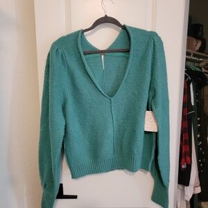 Free People Green V-Neck Sweater Modern Knit